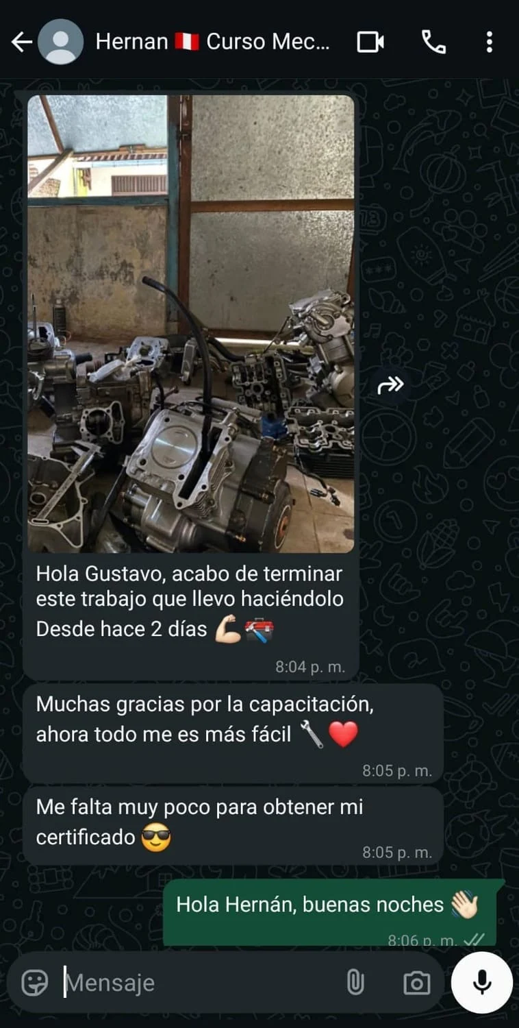 Captura original de WhatsApp, Hernán comparte el trabajo realizado y agradece la capacitación