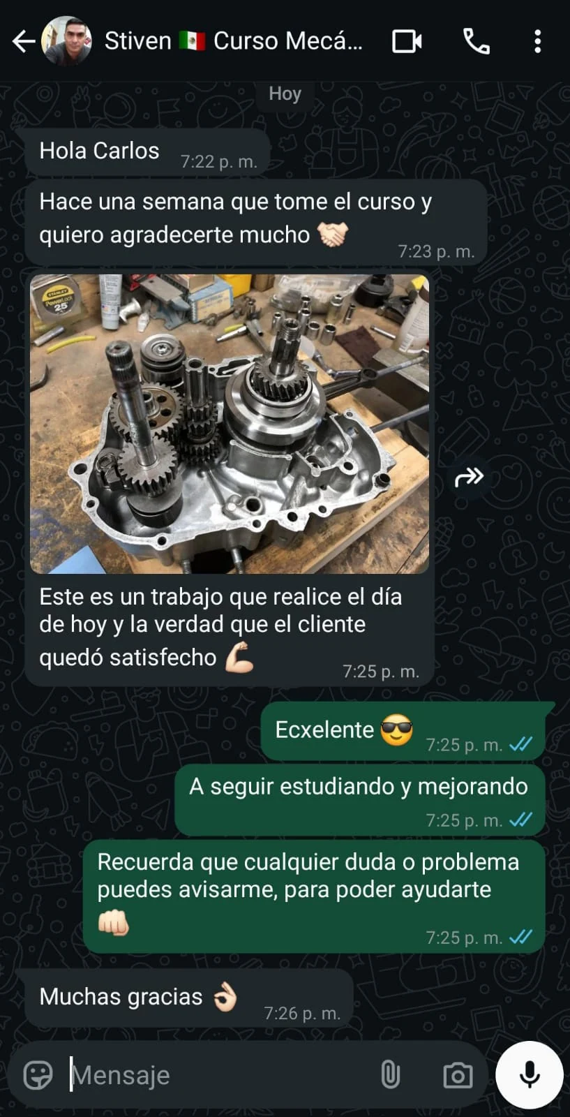 Captura original de WhatsApp, Stiven muestra un motor reparado y agradece el curso